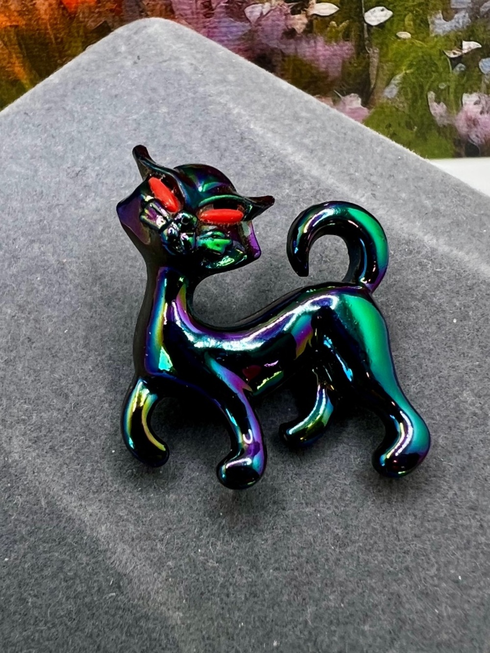 Painted Cat Brooch Black Iridescent Enamel